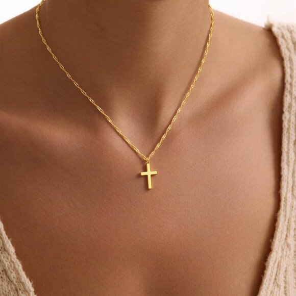 Women's 1-Gold 14k Gold Plated Cross Choker Minimalist Simple Dainty Necklaces - Picture 2 of 7